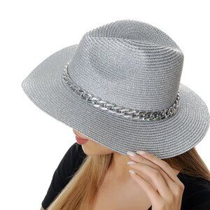 Silver Shimmering Fedora Straw Hat Metallic Finish with Chain